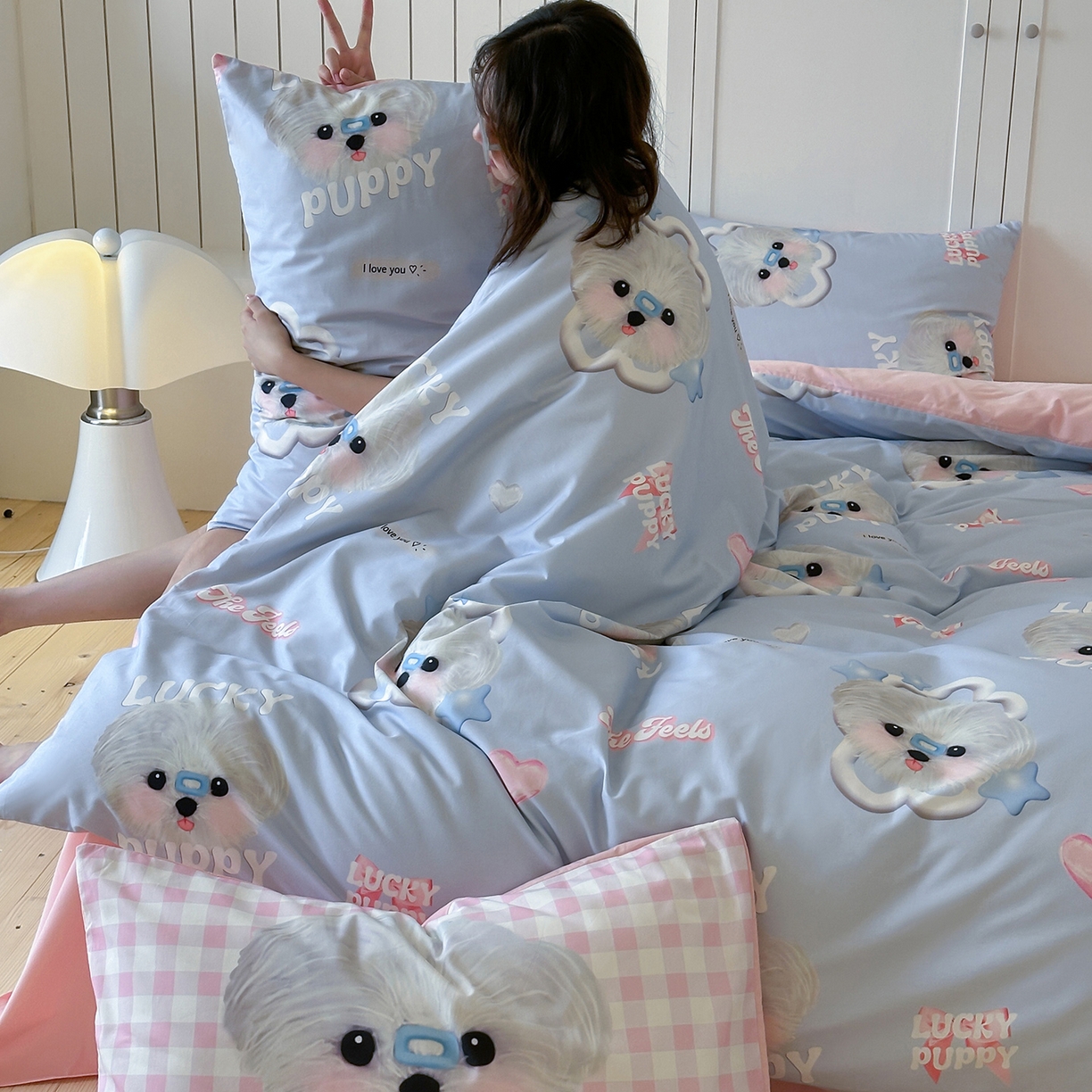 91家纺网 家纺一手货源 找家纺 桃子家居 2025新款纯棉数码印花5D卡通混搭可爱少女纯棉系列四件套 棉5D-甜美幸运狗