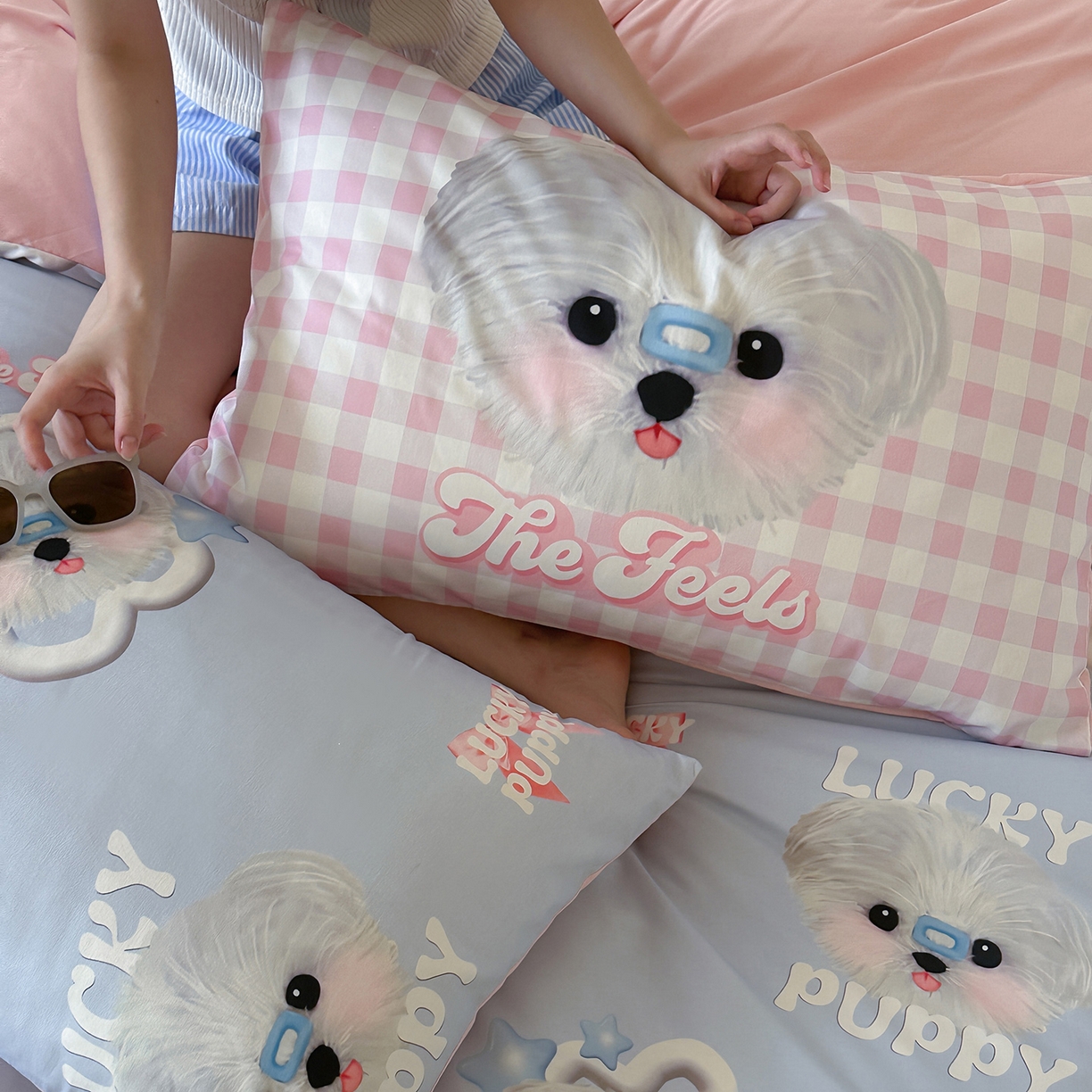 91家纺网 家纺一手货源 找家纺 桃子家居 2025新款纯棉数码印花5D卡通混搭可爱少女纯棉系列四件套 棉5D-甜美幸运狗