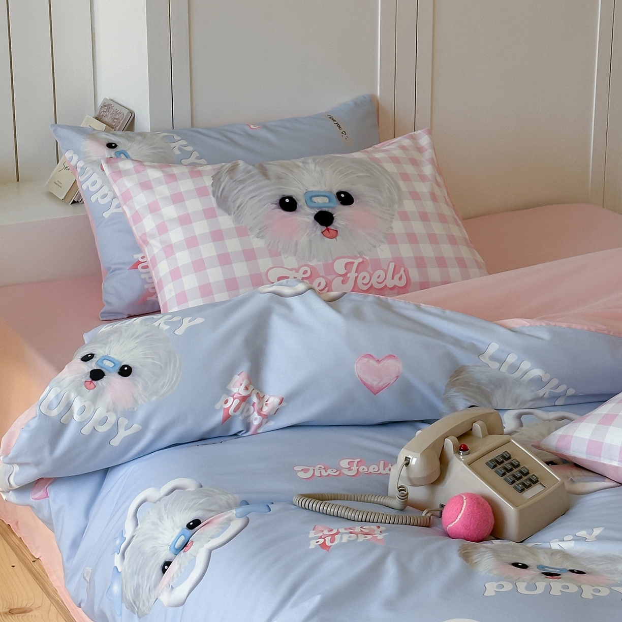 91家纺网 家纺一手货源 找家纺 桃子家居 2025新款纯棉数码印花5D卡通混搭可爱少女纯棉系列四件套 棉5D-甜美幸运狗