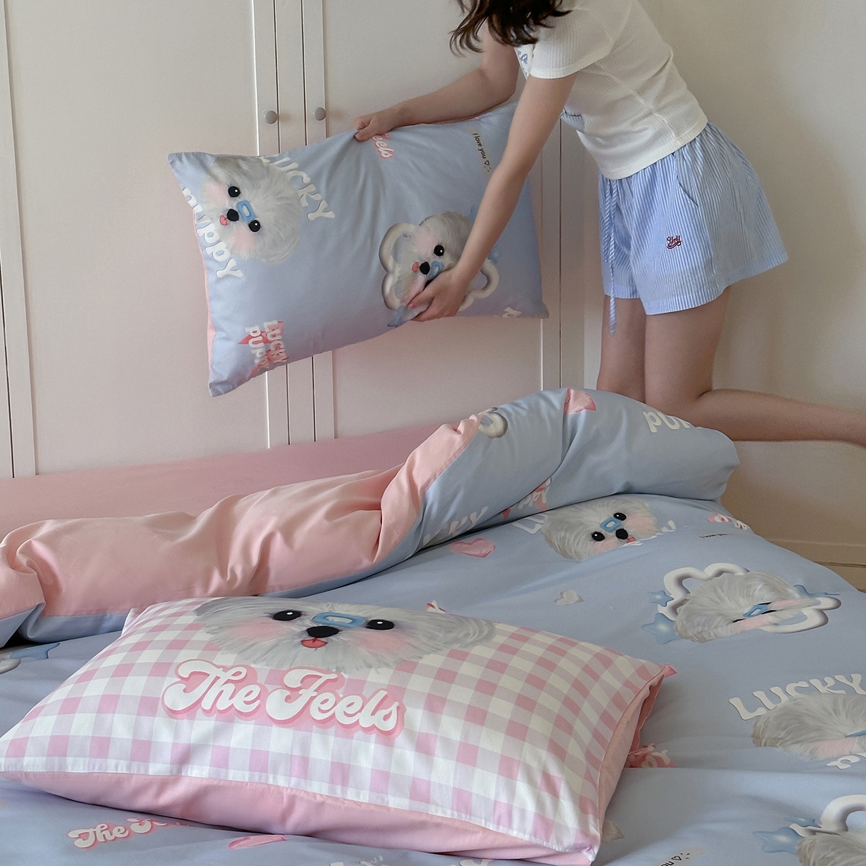 91家纺网 家纺一手货源 找家纺 桃子家居 2025新款纯棉数码印花5D卡通混搭可爱少女纯棉系列四件套 棉5D-甜美幸运狗