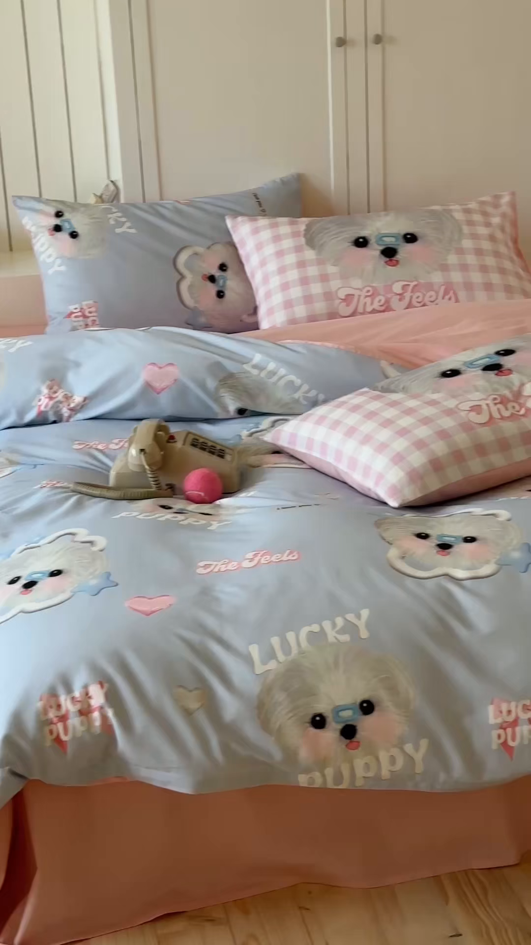 91家纺网 家纺一手货源 找家纺 桃子家居 2025新款纯棉数码印花5D卡通混搭可爱少女纯棉系列四件套 棉5D-甜美幸运狗