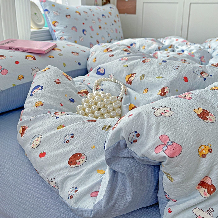 91家纺网 家纺一手货源 找家纺 一比一 2026新款云感皱皱双层纱四件套-简单款 阿呆-蓝