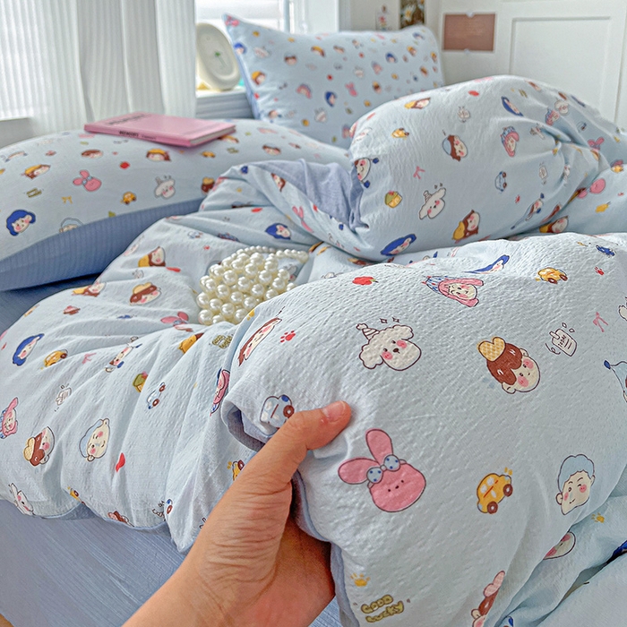 91家纺网 家纺一手货源 找家纺 一比一 2026新款云感皱皱双层纱四件套-简单款 阿呆-蓝