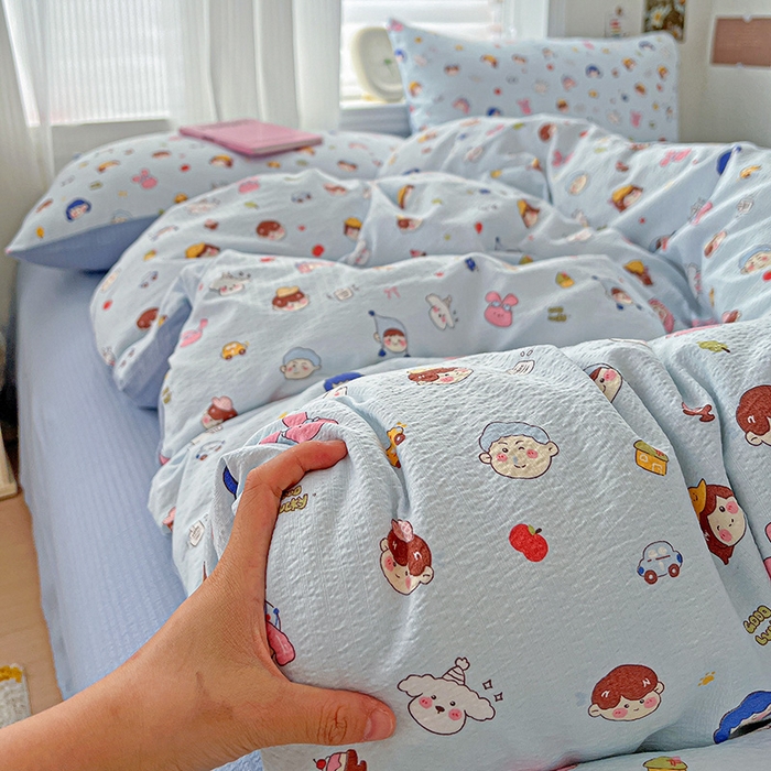 91家纺网 家纺一手货源 找家纺 一比一 2026新款云感皱皱双层纱四件套-简单款 阿呆-蓝