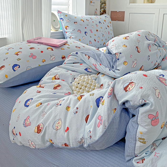 91家纺网 家纺一手货源 找家纺 一比一 2026新款云感皱皱双层纱四件套-简单款 阿呆-蓝