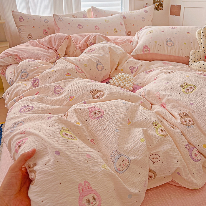 91家纺网 家纺一手货源 找家纺 一比一 2026新款云感皱皱双层纱四件套-简单款 布布-粉