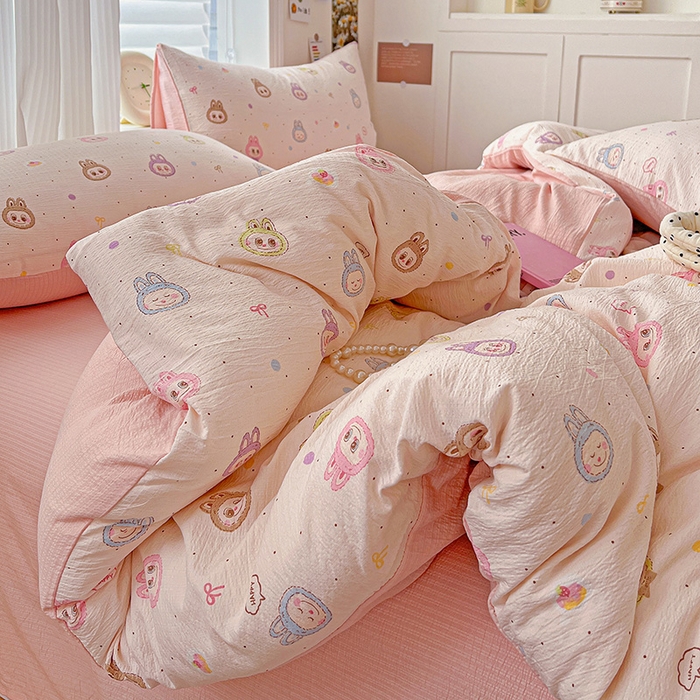 91家纺网 家纺一手货源 找家纺 一比一 2026新款云感皱皱双层纱四件套-简单款 布布-粉