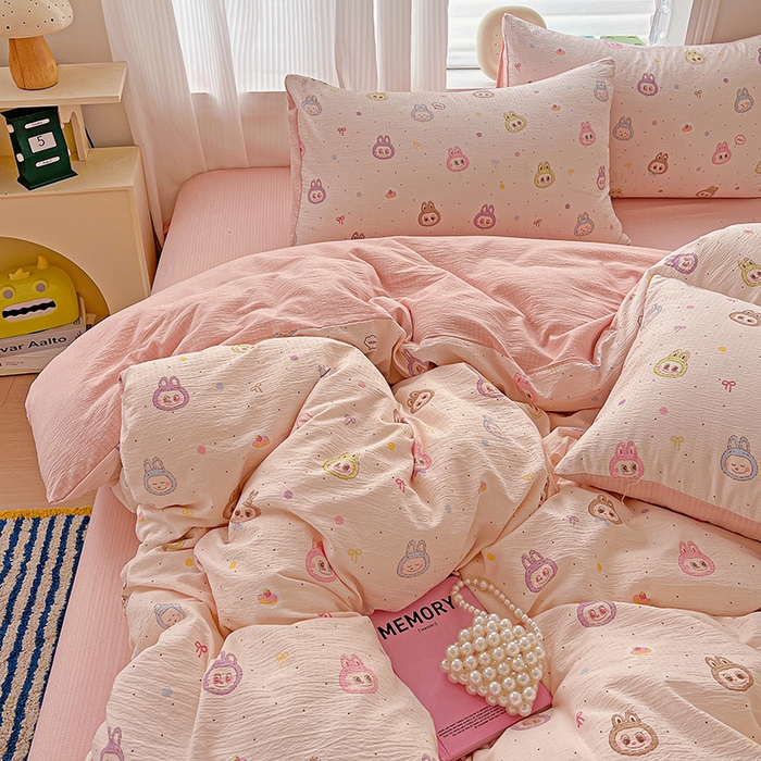 91家纺网 家纺一手货源 找家纺 一比一 2026新款云感皱皱双层纱四件套-简单款 布布-粉