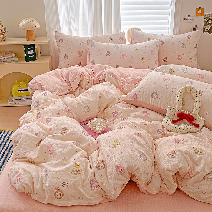 91家纺网 家纺一手货源 找家纺 一比一 2026新款云感皱皱双层纱四件套-简单款 布布-粉