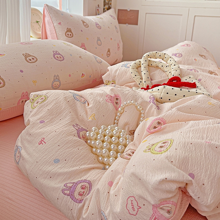 91家纺网 家纺一手货源 找家纺 一比一 2026新款云感皱皱双层纱四件套-简单款 布布-粉