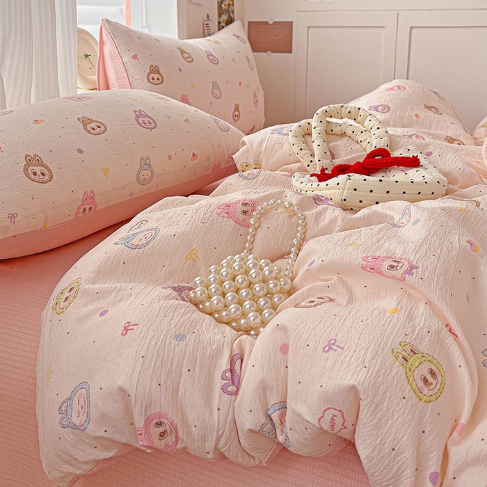 91家纺网 家纺一手货源 找家纺 一比一 2026新款云感皱皱双层纱四件套-简单款 布布-粉