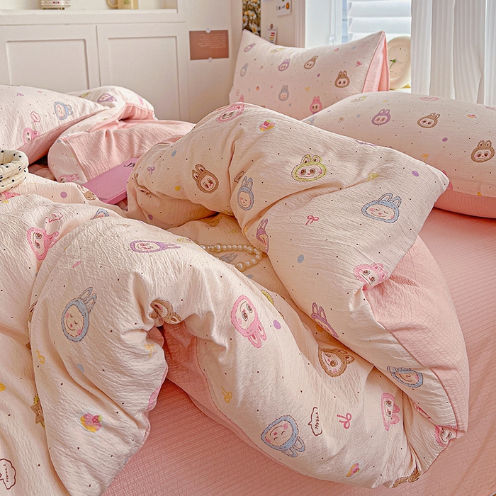 91家纺网 家纺一手货源 找家纺 一比一 2026新款云感皱皱双层纱四件套-简单款 布布-粉