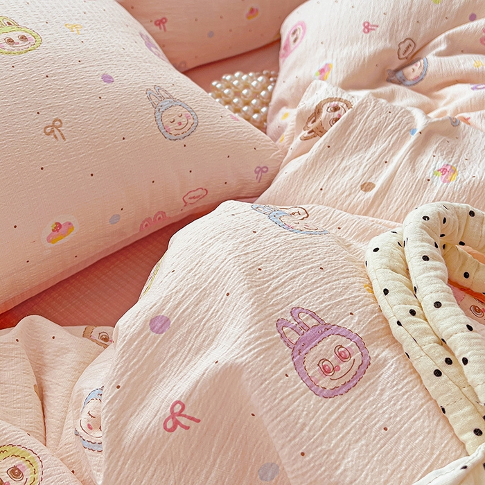 91家纺网 家纺一手货源 找家纺 一比一 2026新款云感皱皱双层纱四件套-简单款 布布-粉