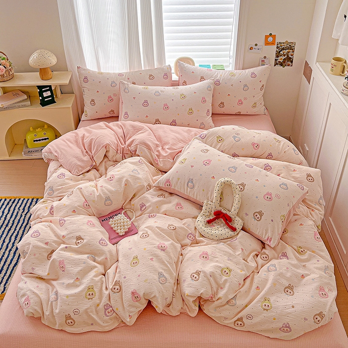 91家纺网 家纺一手货源 找家纺 一比一 2026新款云感皱皱双层纱四件套-简单款 布布-粉