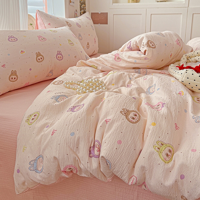 91家纺网 家纺一手货源 找家纺 一比一 2026新款云感皱皱双层纱四件套-简单款 布布-粉