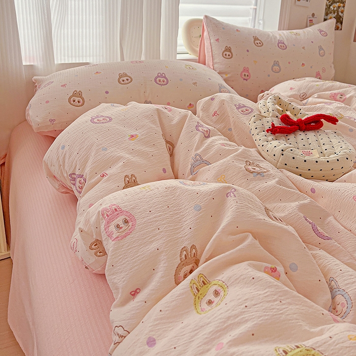 91家纺网 家纺一手货源 找家纺 一比一 2026新款云感皱皱双层纱四件套-简单款 布布-粉