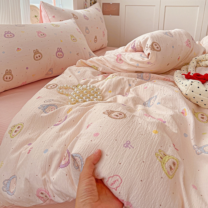 91家纺网 家纺一手货源 找家纺 一比一 2026新款云感皱皱双层纱四件套-简单款 布布-粉