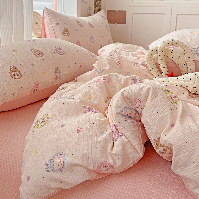 91家纺网 家纺一手货源 找家纺 一比一 2026新款云感皱皱双层纱四件套-简单款 布布-粉