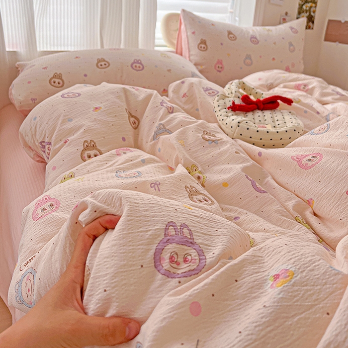 91家纺网 家纺一手货源 找家纺 一比一 2026新款云感皱皱双层纱四件套-简单款 布布-粉