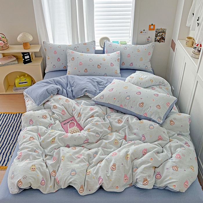 91家纺网 家纺一手货源 找家纺 一比一 2026新款云感皱皱双层纱四件套-简单款 布布-蓝