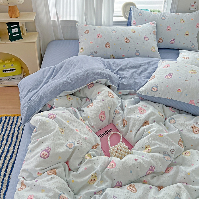 91家纺网 家纺一手货源 找家纺 一比一 2026新款云感皱皱双层纱四件套-简单款 布布-蓝