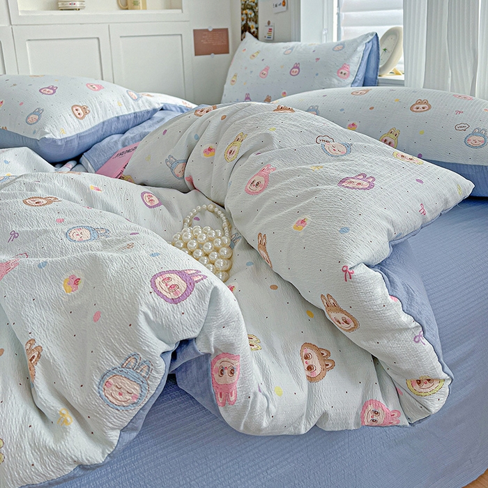 91家纺网 家纺一手货源 找家纺 一比一 2026新款云感皱皱双层纱四件套-简单款 布布-蓝