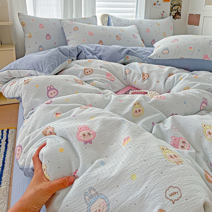 91家纺网 家纺一手货源 找家纺 一比一 2026新款云感皱皱双层纱四件套-简单款 布布-蓝