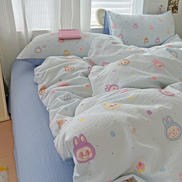 91家纺网 家纺一手货源 找家纺 一比一 2026新款云感皱皱双层纱四件套-简单款 布布-蓝