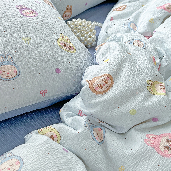 91家纺网 家纺一手货源 找家纺 一比一 2026新款云感皱皱双层纱四件套-简单款 布布-蓝