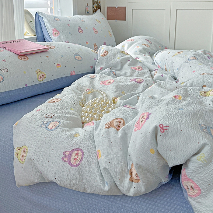 91家纺网 家纺一手货源 找家纺 一比一 2026新款云感皱皱双层纱四件套-简单款 布布-蓝