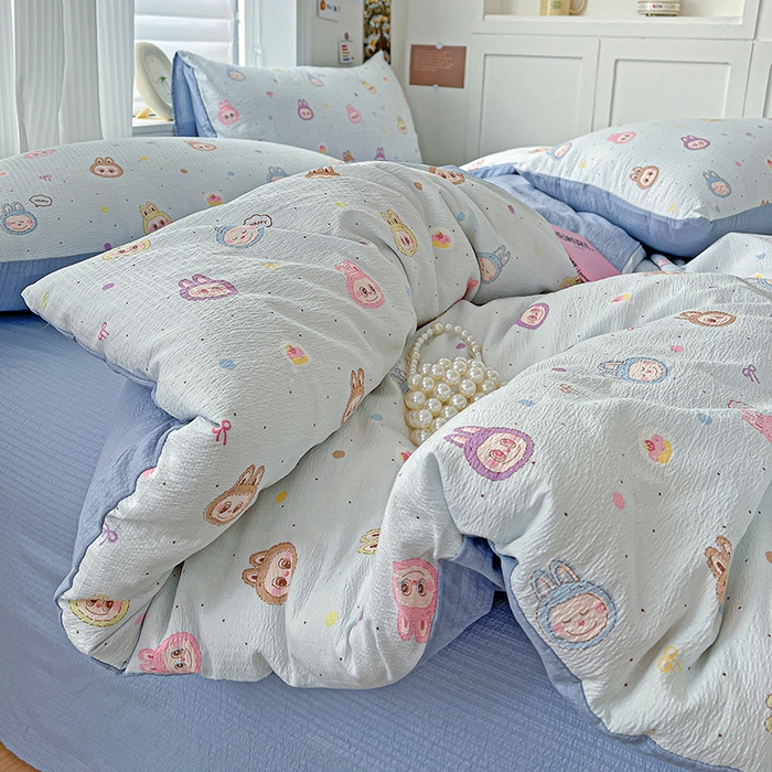 91家纺网 家纺一手货源 找家纺 一比一 2026新款云感皱皱双层纱四件套-简单款 布布-蓝