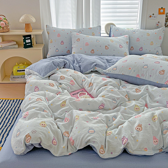 91家纺网 家纺一手货源 找家纺 一比一 2026新款云感皱皱双层纱四件套-简单款 布布-蓝