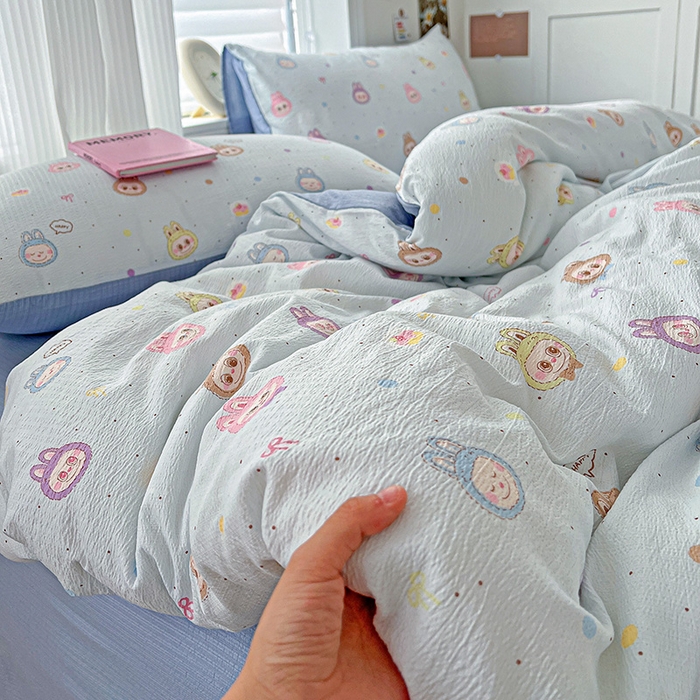 91家纺网 家纺一手货源 找家纺 一比一 2026新款云感皱皱双层纱四件套-简单款 布布-蓝