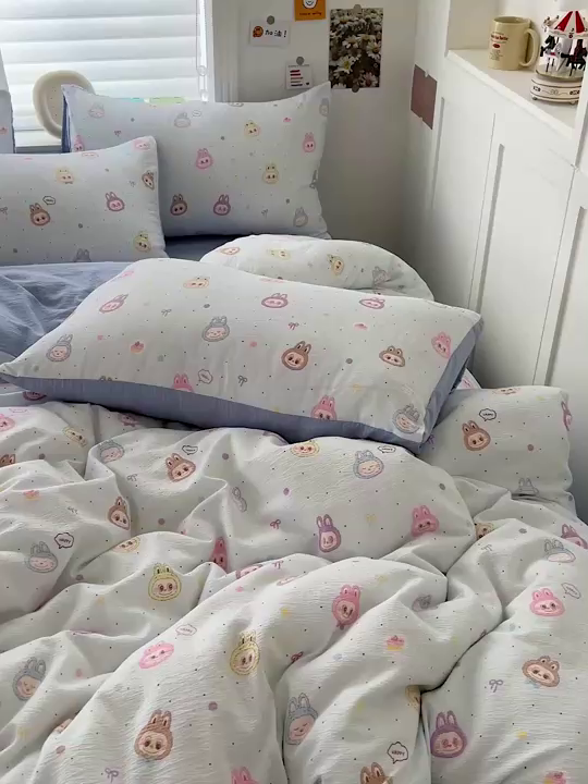 91家纺网 家纺一手货源 找家纺 一比一 2026新款云感皱皱双层纱四件套-简单款 布布-蓝