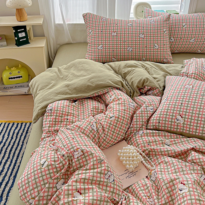 91家纺网 家纺一手货源 找家纺 一比一 2026新款云感皱皱双层纱四件套-简单款 格纹西高地