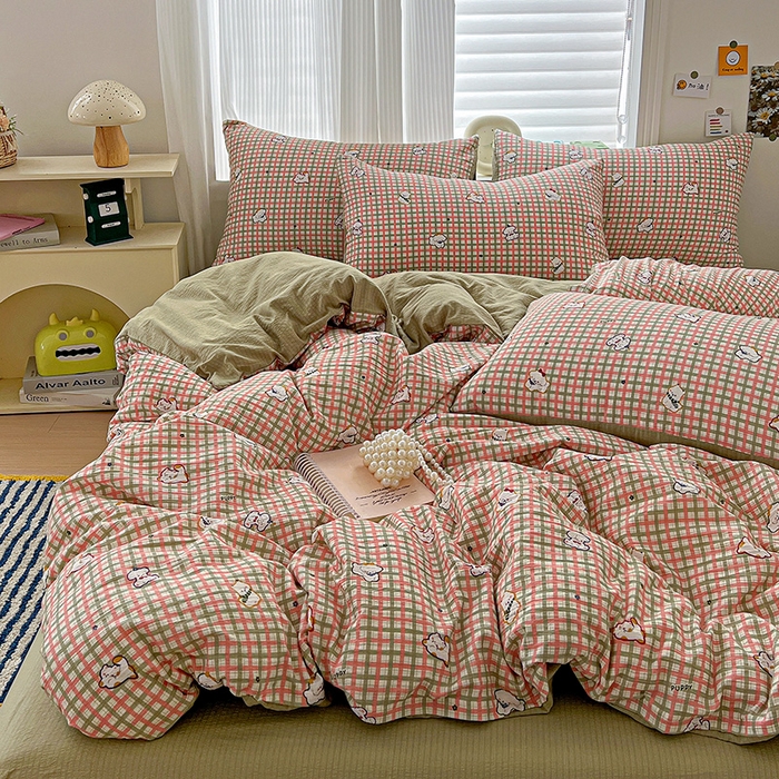 91家纺网 家纺一手货源 找家纺 一比一 2026新款云感皱皱双层纱四件套-简单款 格纹西高地