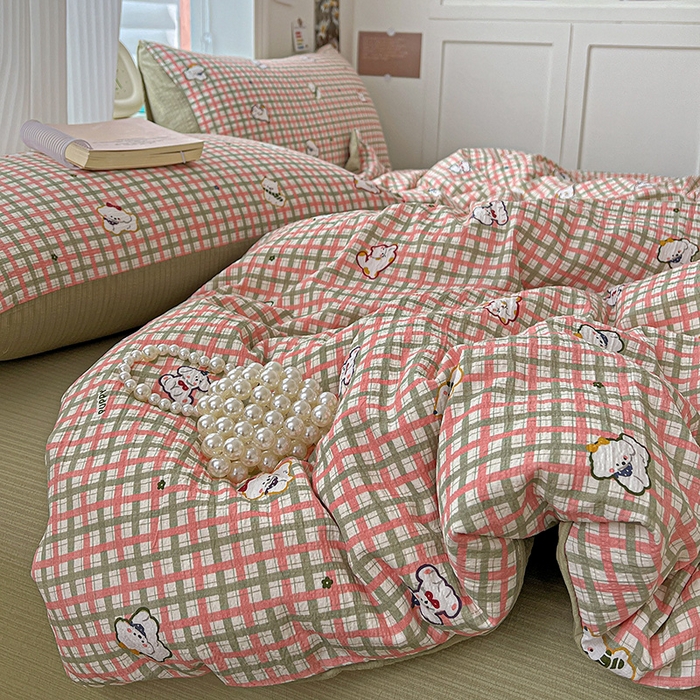 91家纺网 家纺一手货源 找家纺 一比一 2026新款云感皱皱双层纱四件套-简单款 格纹西高地