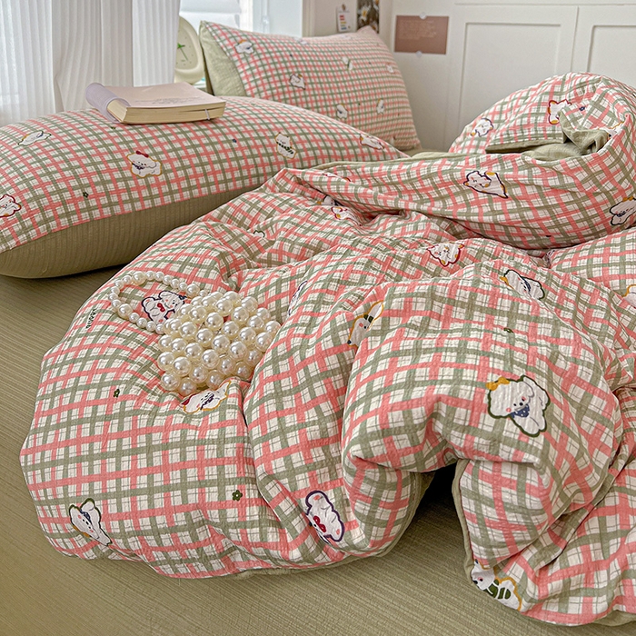 91家纺网 家纺一手货源 找家纺 一比一 2026新款云感皱皱双层纱四件套-简单款 格纹西高地