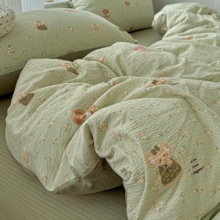 91家纺网 家纺一手货源 找家纺 一比一 2026新款云感皱皱双层纱四件套-简单款 花田小象-绿