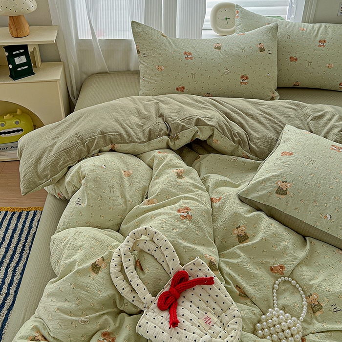 91家纺网 家纺一手货源 找家纺 一比一 2026新款云感皱皱双层纱四件套-简单款 花田小象-绿