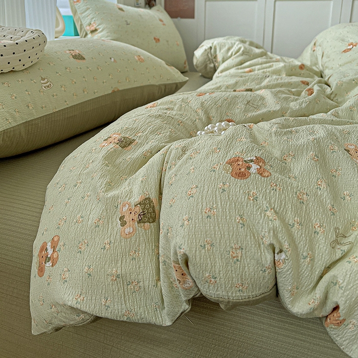 91家纺网 家纺一手货源 找家纺 一比一 2026新款云感皱皱双层纱四件套-简单款 花田小象-绿