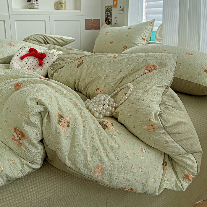 91家纺网 家纺一手货源 找家纺 一比一 2026新款云感皱皱双层纱四件套-简单款 花田小象-绿