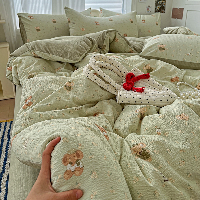 91家纺网 家纺一手货源 找家纺 一比一 2026新款云感皱皱双层纱四件套-简单款 花田小象-绿