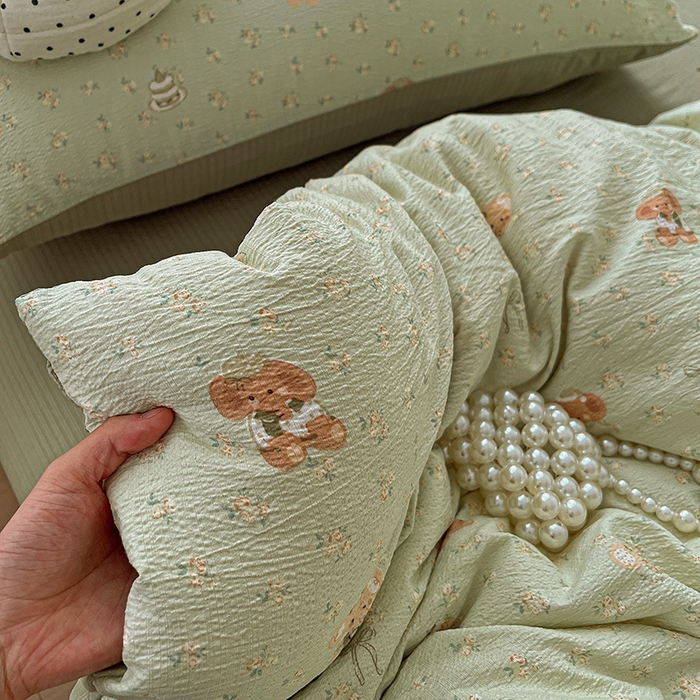 91家纺网 家纺一手货源 找家纺 一比一 2026新款云感皱皱双层纱四件套-简单款 花田小象-绿