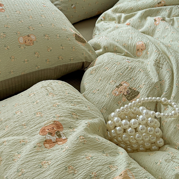 91家纺网 家纺一手货源 找家纺 一比一 2026新款云感皱皱双层纱四件套-简单款 花田小象-绿