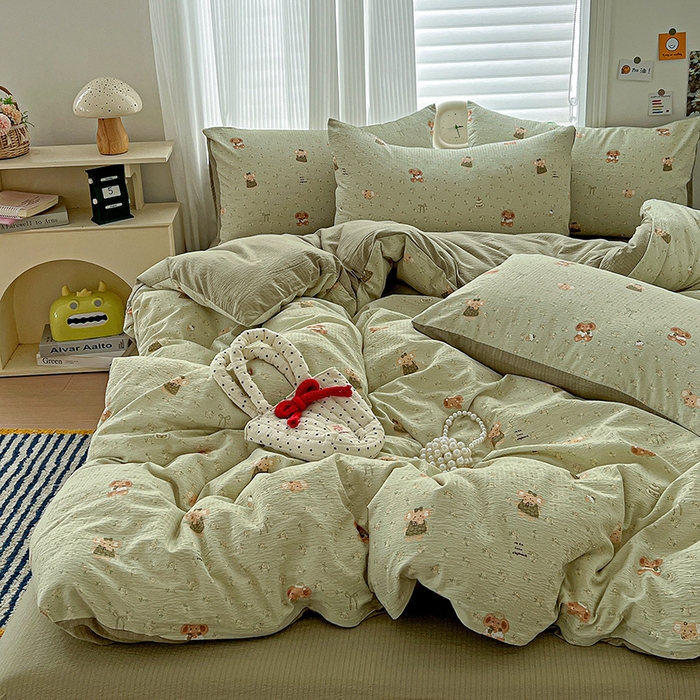 91家纺网 家纺一手货源 找家纺 一比一 2026新款云感皱皱双层纱四件套-简单款 花田小象-绿