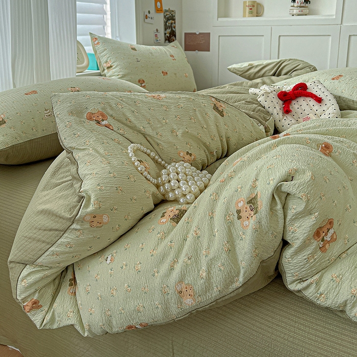 91家纺网 家纺一手货源 找家纺 一比一 2026新款云感皱皱双层纱四件套-简单款 花田小象-绿