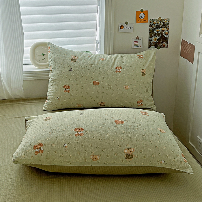 91家纺网 家纺一手货源 找家纺 一比一 2026新款云感皱皱双层纱四件套-简单款 花田小象-绿