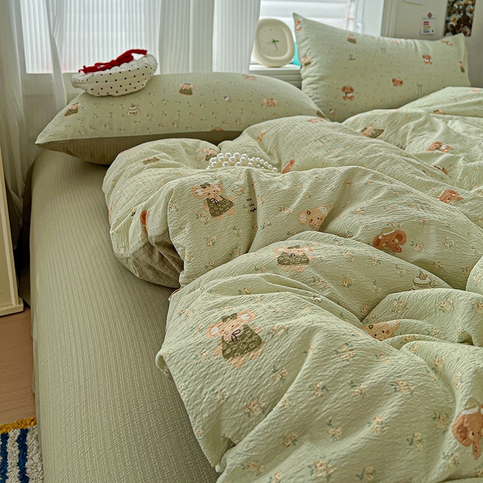 91家纺网 家纺一手货源 找家纺 一比一 2026新款云感皱皱双层纱四件套-简单款 花田小象-绿