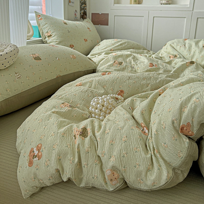 91家纺网 家纺一手货源 找家纺 一比一 2026新款云感皱皱双层纱四件套-简单款 花田小象-绿